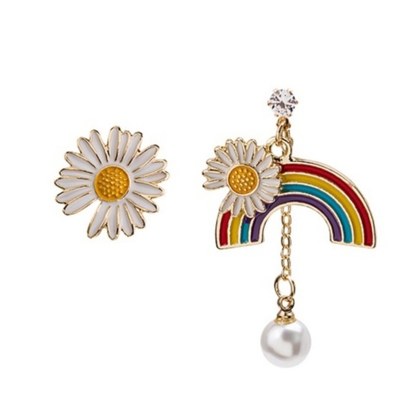 Rainbow and Daisy Mismatched Enamel Painted Earrings - Picture 4 of 4